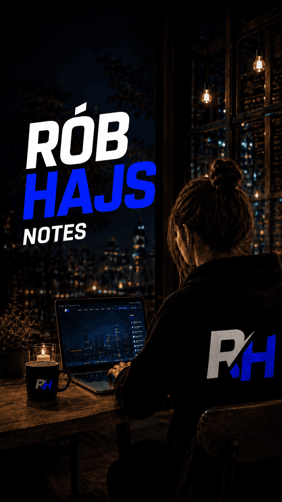 RH+ Notes - grafika promocyjna Rób Hajs z osobą pracującą przy laptopie